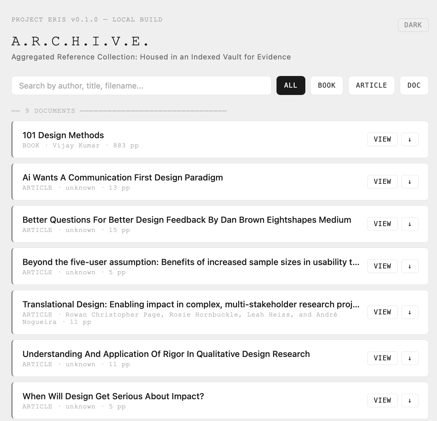 ARCHIVE interface showing a browsable list of indexed documents with search and filter controls