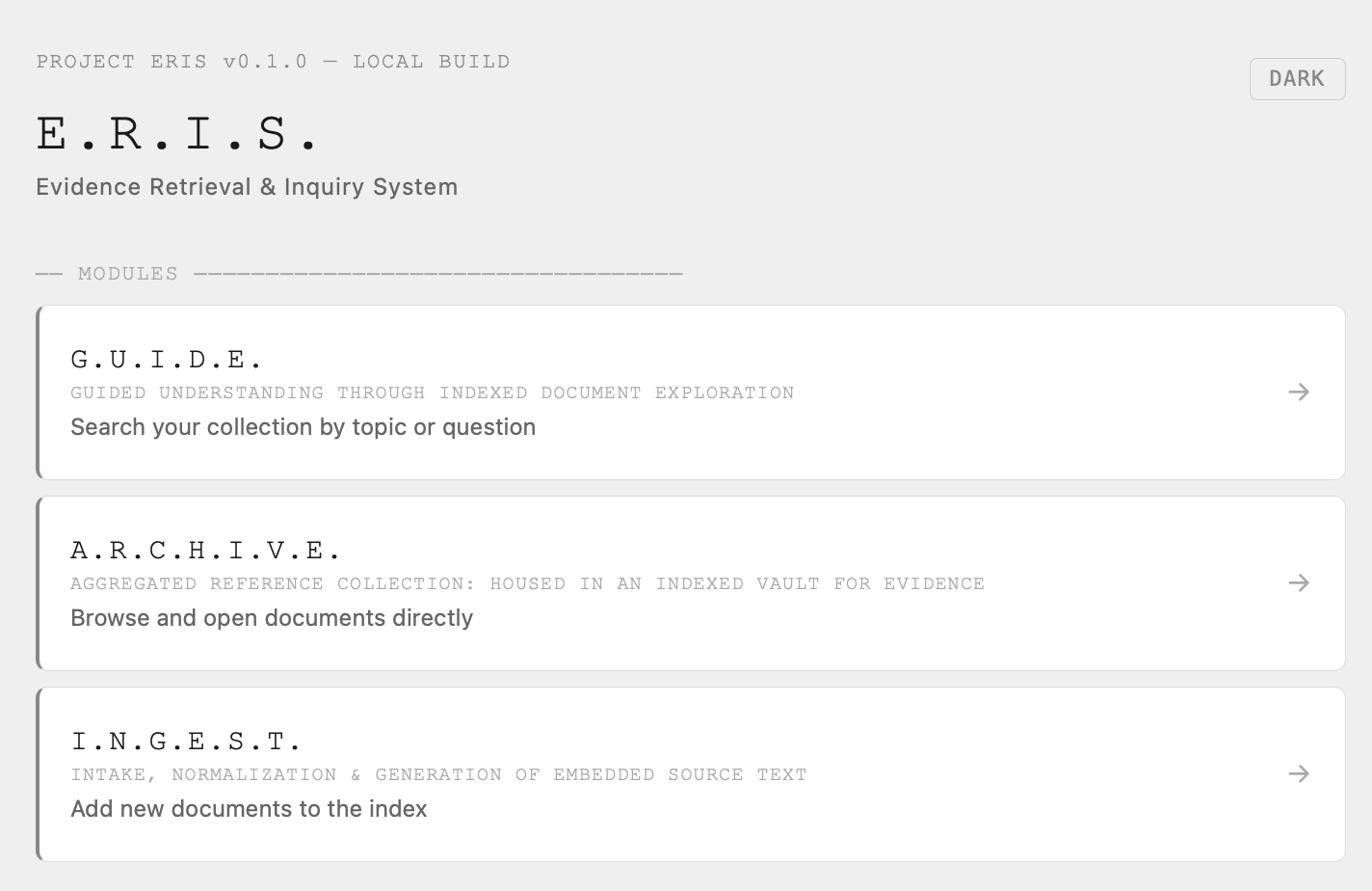 ERIS home screen showing the three module entry points: GUIDE, ARCHIVE, and INGEST