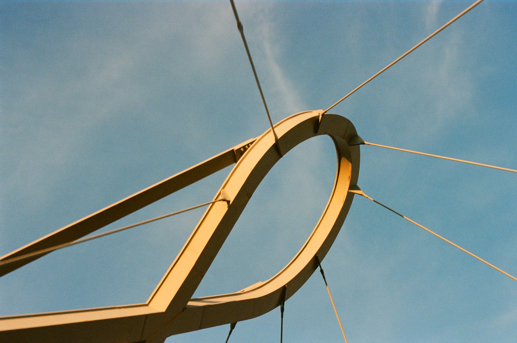 Steel architectural detail against blue sky, Aveiro, Portugal